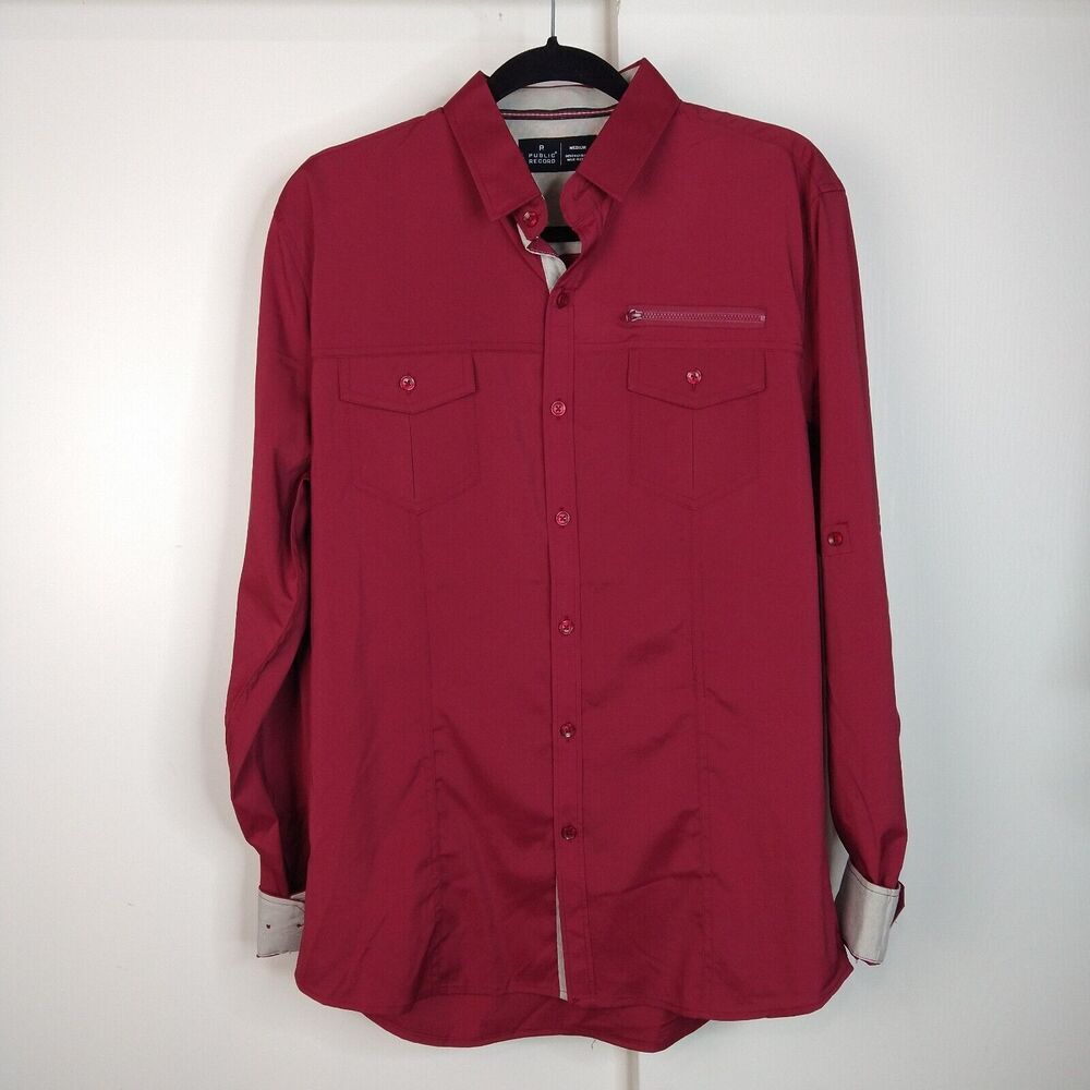 Public Record Long Sleeve Button Front Shirt Men Sz M Red Pockets Zip Flip Cuff